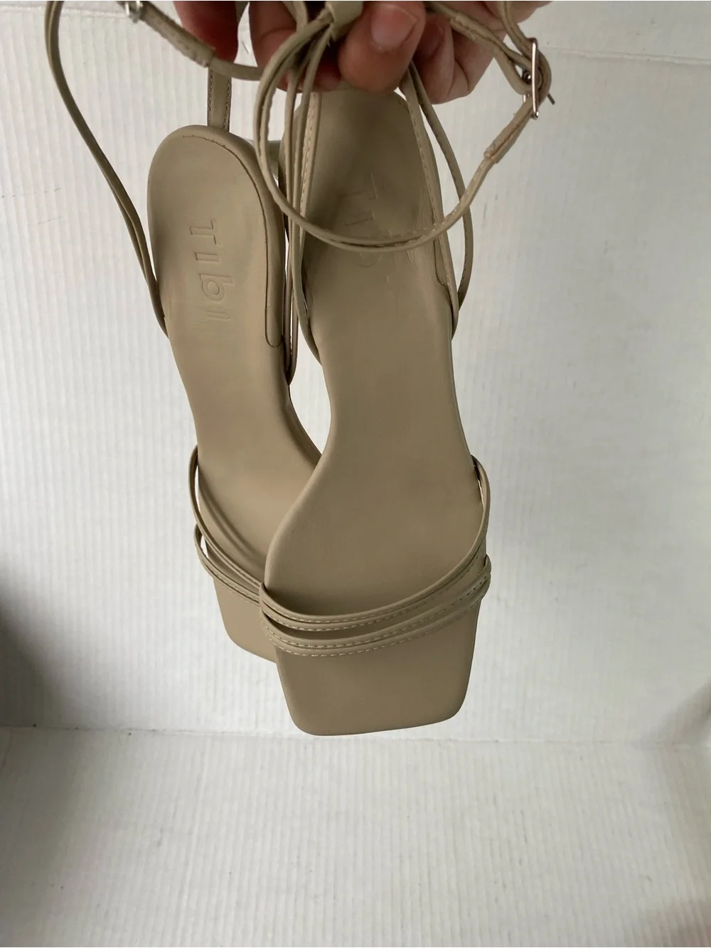 NWOT • TIBI Harper Leather Square Toe Strappy Kitten Heel Sandal Taupe 6.5